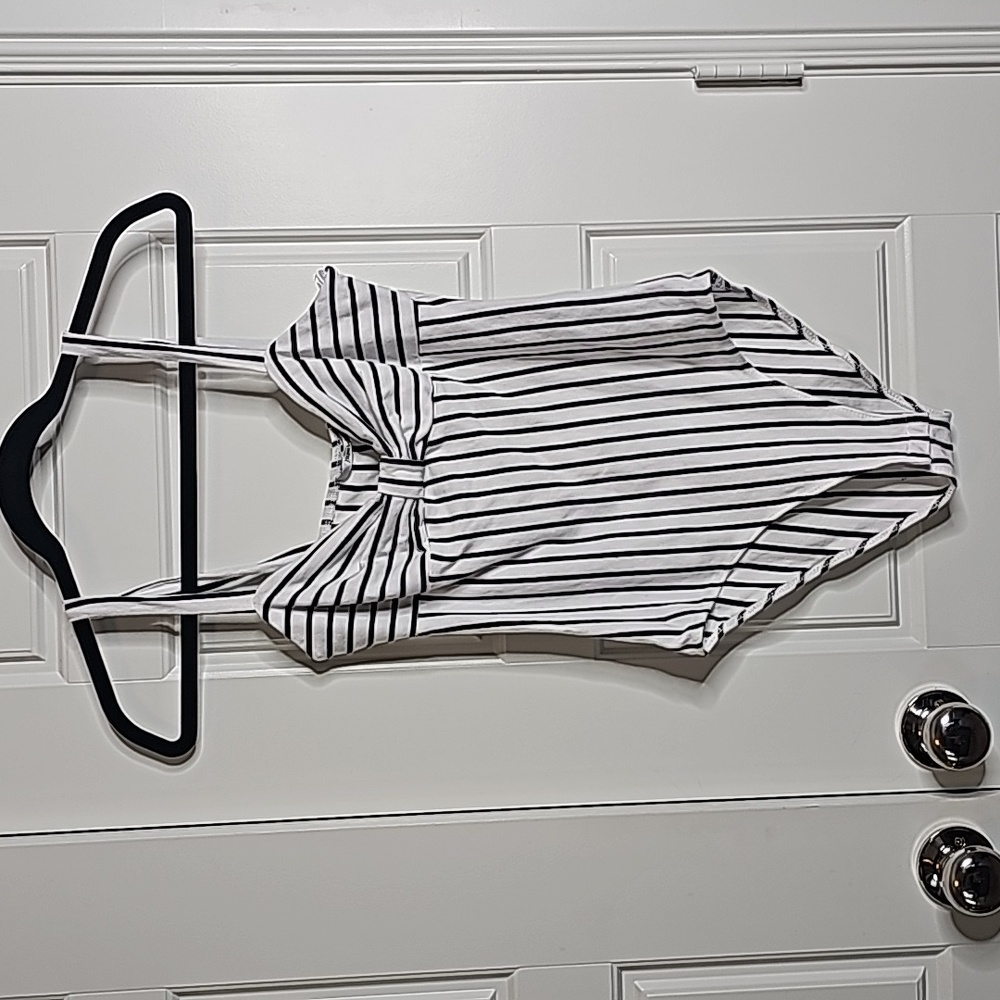 Black & White Striped Bodysuit with Chest Bow Detail and Snap Closures